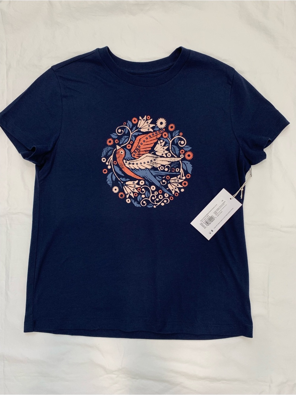 Pact Women’s Navy Blue Graphic Bird T-shirt Size XS Organic Cotton New